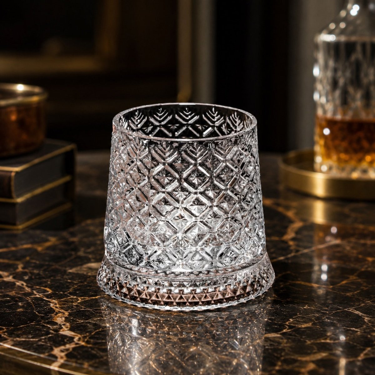 ArtZ Tokyo Crystal glass on a dark marble bar with spirit bottles in the background